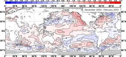 (Chapter 1 Climate in 2015) Figure 1.3-1 Three-month mean sea surface temperature (SST) anomaly (December 2014 February 2015) The contour interval is 0.5 C.