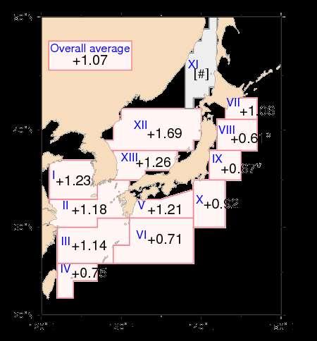 (Chapter 2 Climate Change) 2.5.2 Sea surface temperature (around Japan) Figure 2.5-3 shows increase rates of area-averaged annual mean SSTs for 13 areas around Japan.