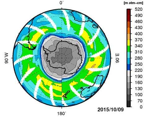 2-4 Southern Hemisphere distribution of total ozone on October 9, 2015, when the area of the ozone hole reached its maximum for the year The unit is m atm-cm, and the map is produced using NASA OMI