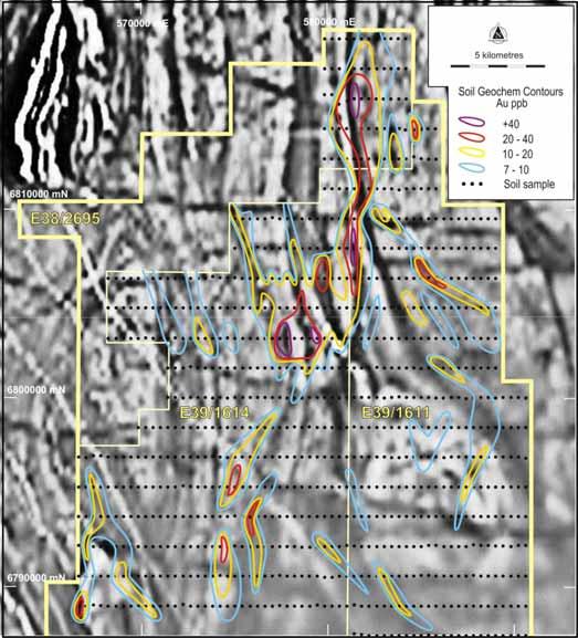 Dexter - Phase I Soil Results 1,600m x 400m pattern soils Unusually large and cohesive goldin-soil response (despite cover) 32km-long (up to 59ppb gold) Anomalous gold pathfinders