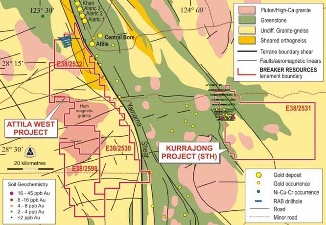 Attila West/Kurrajong South Projects 919km 2 570km 2 Interpreted Geology with Previous Drilling & Gold-in-Soil Anomalies Kurrajong South Project Attila West Project Large area adjacent to Yamarna