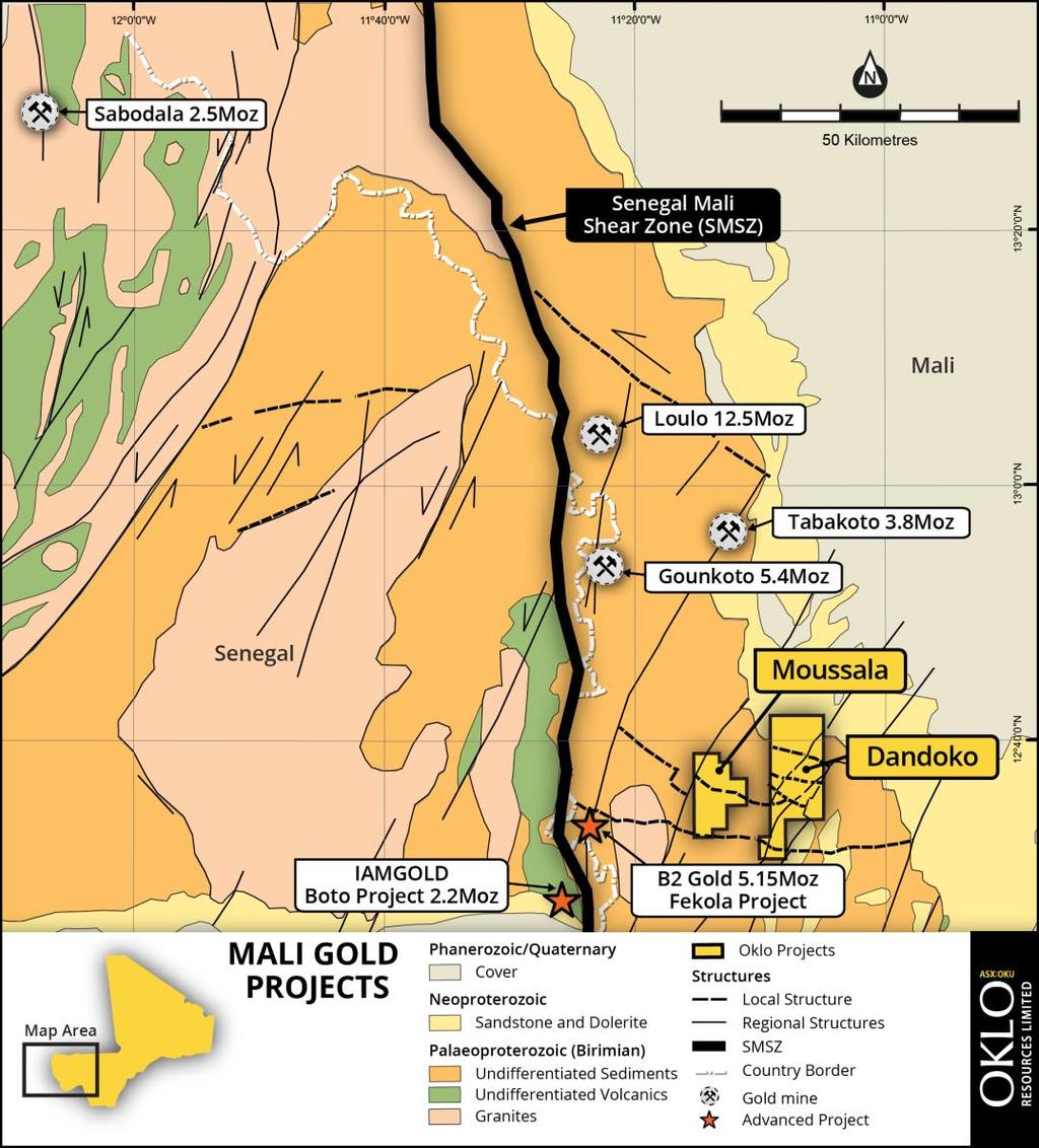 15Moz Fekola Project and 50km to the south-southeast of Randgold s 12.5Moz Loulo Mine.