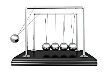 This was a popular "executive" toy a few decades ago. Here's a Newton's cradle in action: http://www.youtube.com/watch?v=fwsgm5amsbu Also see http://ap.smu.ca/demos/index.php?