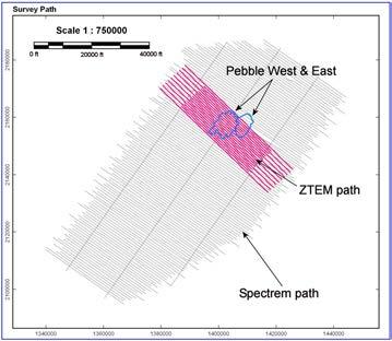 Figure 3: Flight path of Spectrem and ZTEM surveys over