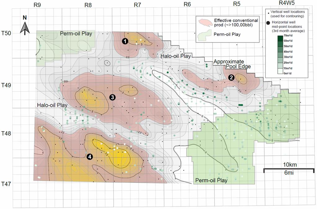 Figure 3.9: Sandstone (F3, F4) sandstone isopach map Sandstone (F3, F4) isopach map. Contours were created using advanced kriging methods (anisotropy 1.