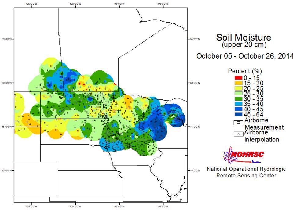 Figure 2 - Gamma Survey derived soil moisture (in the upper 20 cm of soil) from October 5 - October 26, 2014. Frost Depth Frost depth information is sparse and highly variable across the watersheds.