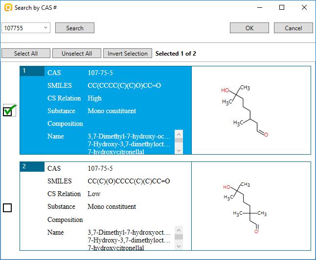 Chemical Input Enter CAS# 107-75-5 The Toolbox now searches the databases to find out if the CAS# you entered is linked to a molecular structure stored in the Toolbox.