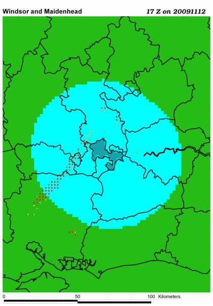 Figure 2: A screen shot from the WVS animation describing the heavy rain warning issued in Windsor and Maidenhead between 15:00 20:00 on 12/11/09 The final issue addressed by the WVS is confidence in