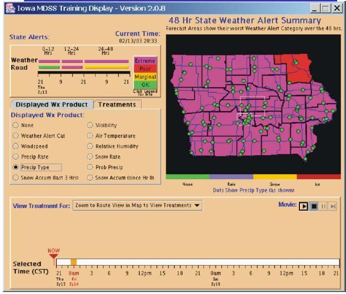 FIGURE 2. MDSS Iowa Weather Display Page MDSS System Configuration for Iowa The MDSS core components (e.g., Road Weather Forecast System, Road Condition and Treatment Module and data server) operated centrally at NCAR in Boulder, Colorado.