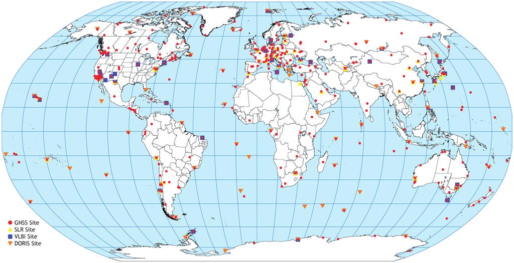 270 Geoff Blewitt et al. Figure 9.5 Current distribution of geodetic networks: GNSS, SLR, VLBI, and DORIS. (Courtesy of C. Noll 2008.