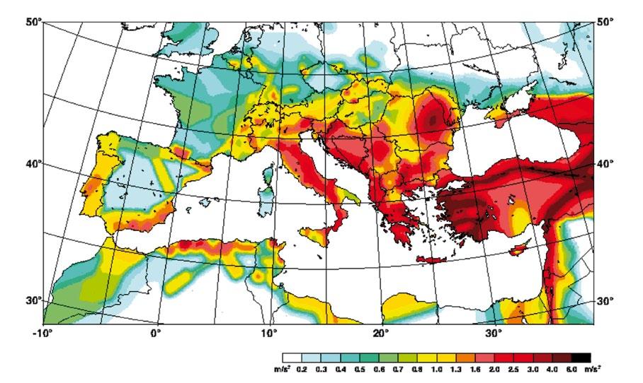 Fig. 13. Map of the seismic hazard according to the Global Seismic Hazard Assessment Program, a part of the International Lithosphere Program.