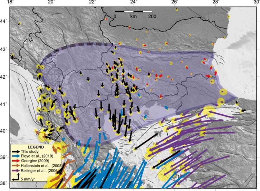 Fig. 14. Velocities in Bulgaria, Northern Greece and Albania obtained in the Department of Geodesy and other authors along with modified west boundary of South Balkan extension region.