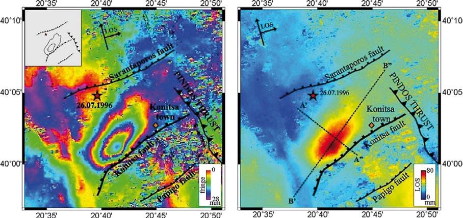 Fig. 15. Velocity gradient from central Bulgaria (Balkan Mountain) to Northern Greece (Halkidiki) Fig. 16. Left: Ascending differential co-seismic interferogram ifg8 (Bp 95m).