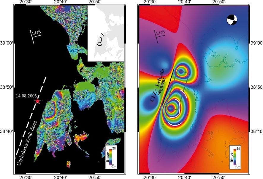 Fig. 17. SAR interferometry results for the Lefkada earthquake. (Left) Differential ascending interferogram ifg5 (BL 88m).
