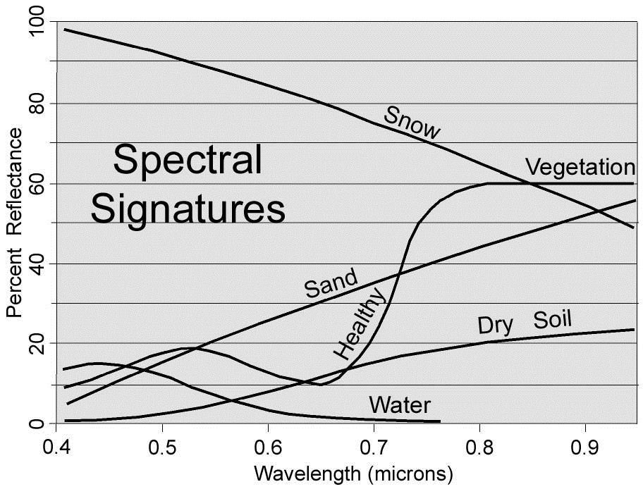 Spectral signature Explain why water looks darkish blue; Explain