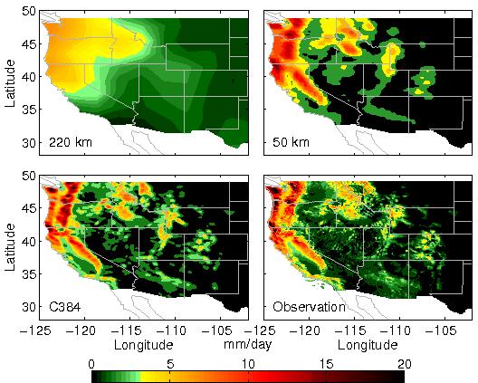 DJF precipitation: GFDL HiRAM vs. Observation Need hi-res to provide regional details.