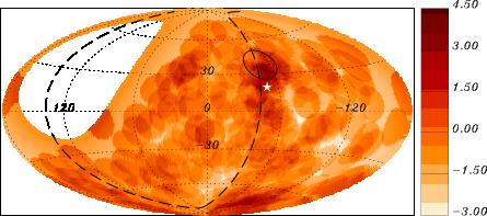 Fig. 2: Map in Galactic coordinates of the Li-Ma significances of over-densities in 12 -radius windows for the events with energy in excess of 54 EeV as observed at the Pierre Auger Observatory [22].