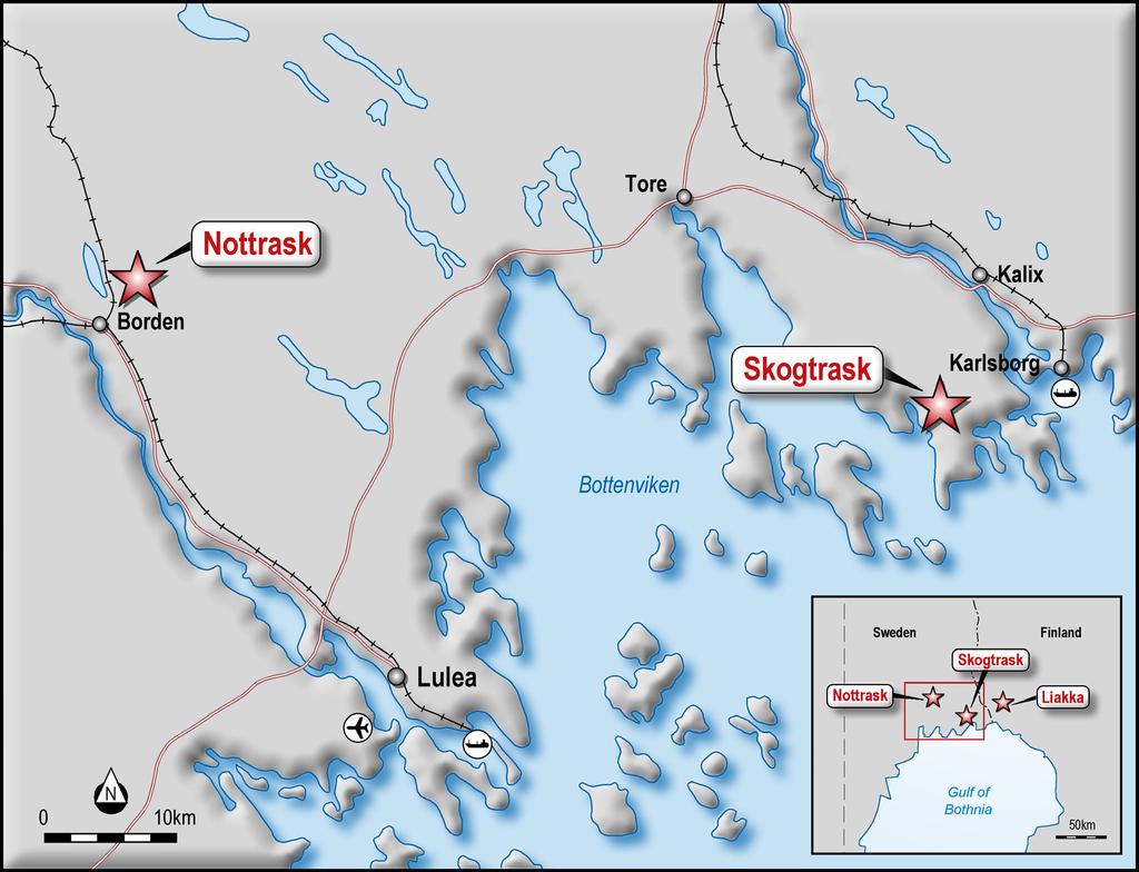 The Nottrask Project is well serviced by existing infrastructure being located approximately 35km from the regional centre and deep water sea port of Lulea and fully accessible via bitumen roads (Fig.