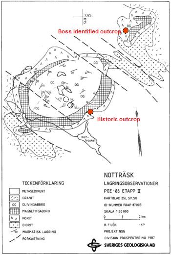 Figure 3: Geological map of the Nottrask intrusion (SGU). Red dots denote the Ni/Cu sulphide outcrops.