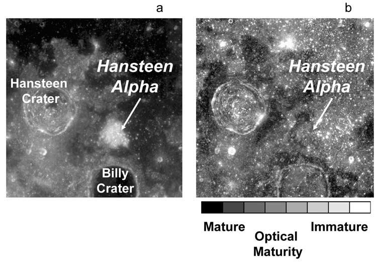 HAWKE ET AL.: HANSTEEN ALPHA 5-3 Figure 3. (a) Clementine 750 nm albedo image of the Hansteen Alpha region. (b) Optical maturity parameter image produced for the area shown in (a).