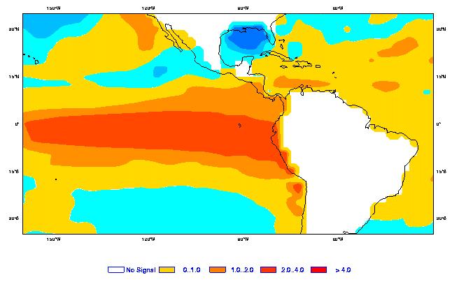 Degrees above average Figure 11: Average sea surface temperature anomalies (degrees above or below normal), measured in Celsius