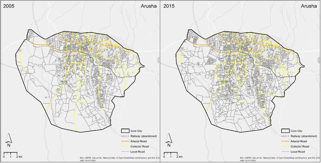 Transport Network of Arusha in 2005 and 2015 Land