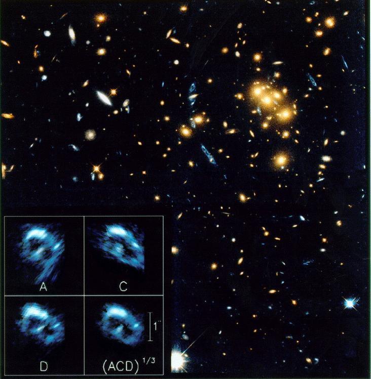 The reddish objects are galaxies in the lensing cluster at z=0.39 The bluish objects are multiple images of a distant galaxy at z=1.
