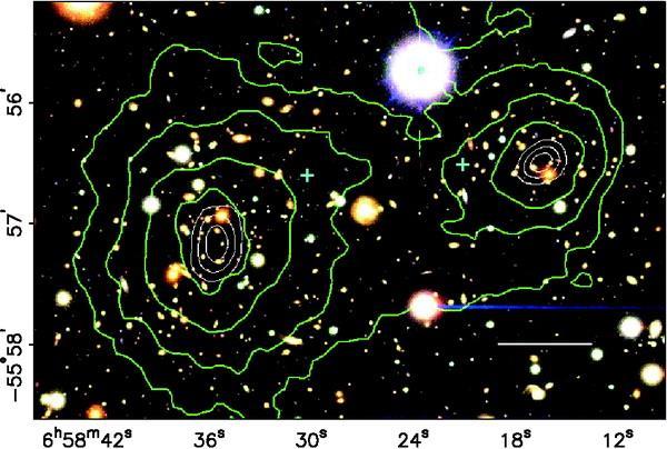 Lensing of background galaxies seen in the optical images lets the mass