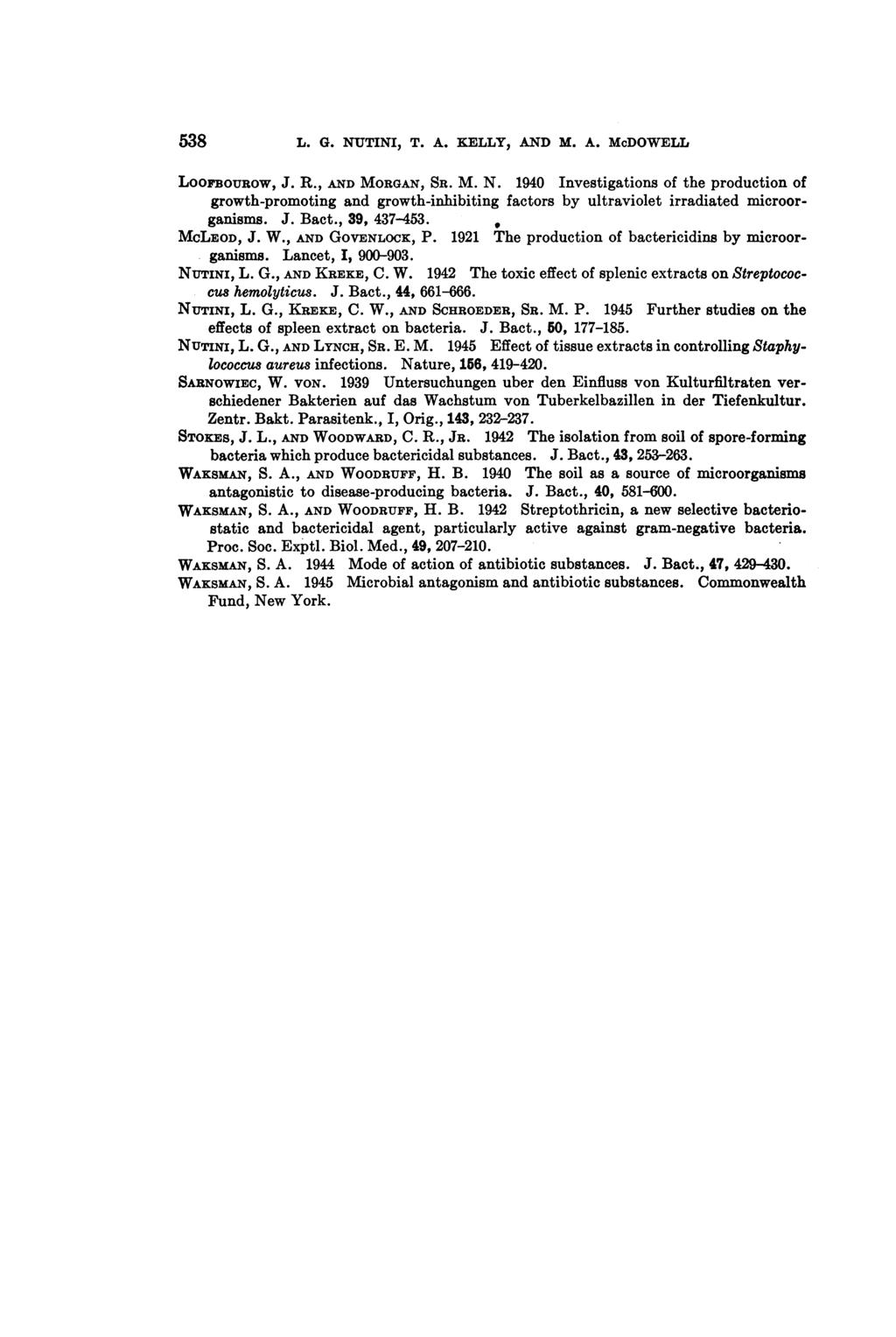 538 L. G. NUTINI, T. A. KELLY, AND M. A. McDOWELL LOOFBOUROW, J. R., AND MORGAN, SR. M. N. 1940 Investigations of the production of growth-promoting and growth-inhibiting factors by ultraviolet irradiated microorganisms.