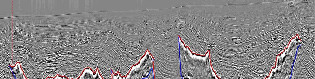 Salt interpretation Salt horn 0 Salt horn Salt keel Salt keel Figure : A north (left)-south (right) seismic section in western Mississippi Canyon area (water depth < ) shows two interesting features,