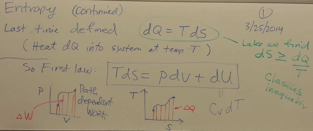Lecture Notes 2014March 25 on Thermodynamics Introduced the idea of TS diagrams (as well as PV diagrams). Both are needed to fully describe the first law of thermodynamics. dq Clausius Inequality: ds.