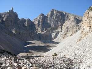 Rock glaciers, such as this still-active feature in the cirque under Wheeler Peak (3982 m),