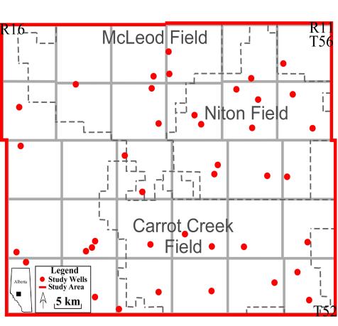 Figures Figure 1: Outline of study area westcentral Alberta. Red dots indicate cores examined for this study.