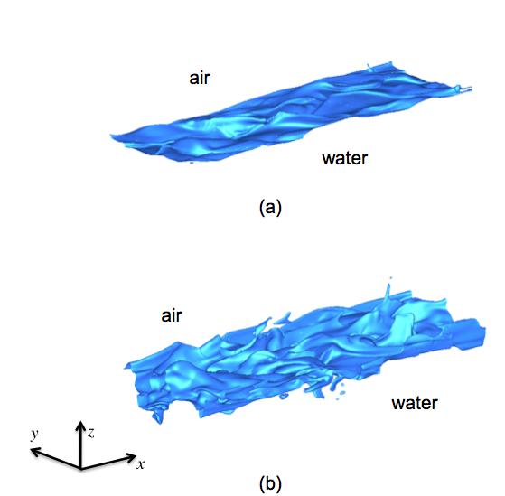 Turbulent two-phase Couette boundary layer 175 Figure 2. Snapshots of air-water interface: (a) F r = 3.9; (b) F r = 6.8. E k ρ w v l 2 m, (3.
