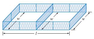 (a) Write the length l as a function of width w. (b) Write the total area as a quadratic function of w. (c) Find the dimensions of the enclosure that will produce the greatest enclosed area.