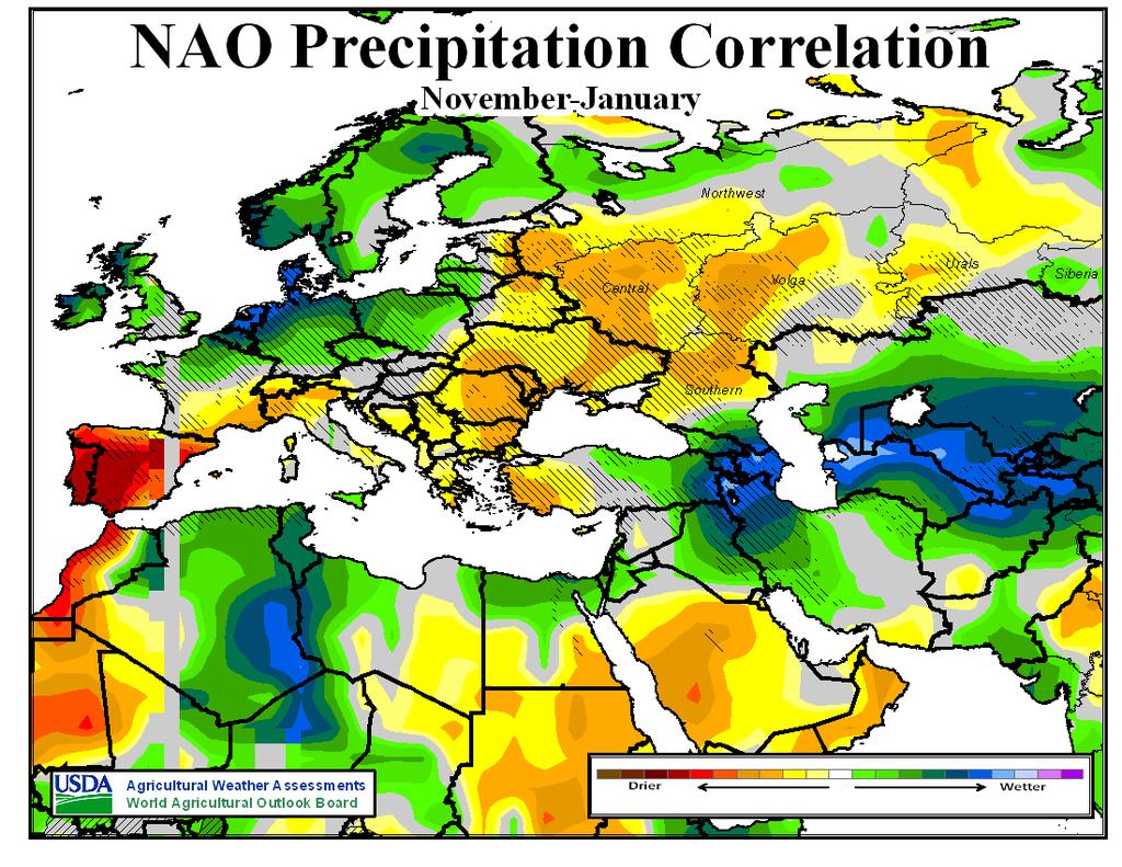 Dry Wet Dry Dry Dry Wet The NAO winter correlation for Europe and the Mediterranean has been almost spot on (precip depicted), although the sharply negative NAO in