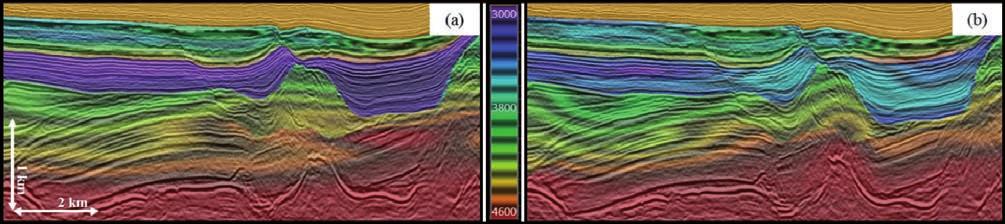 Figure 7 This depth velocity model comparison between the layer stripping (a) and the multi-layer (b) approaches shows the extra detail and character captured