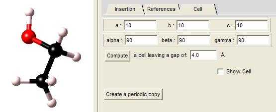 Check the button Show Cell to visualize the periodic cell. You can right-click the molecule and select All Center to reference point to center the molecule in the cell.