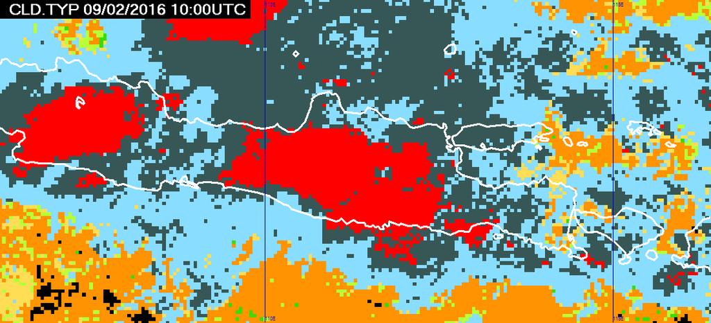 Observed at 10 UTC the cluster of CB entered the Bojonegoro region, indicated by the red colour, and continuously decreased until 12 UTC. 4.