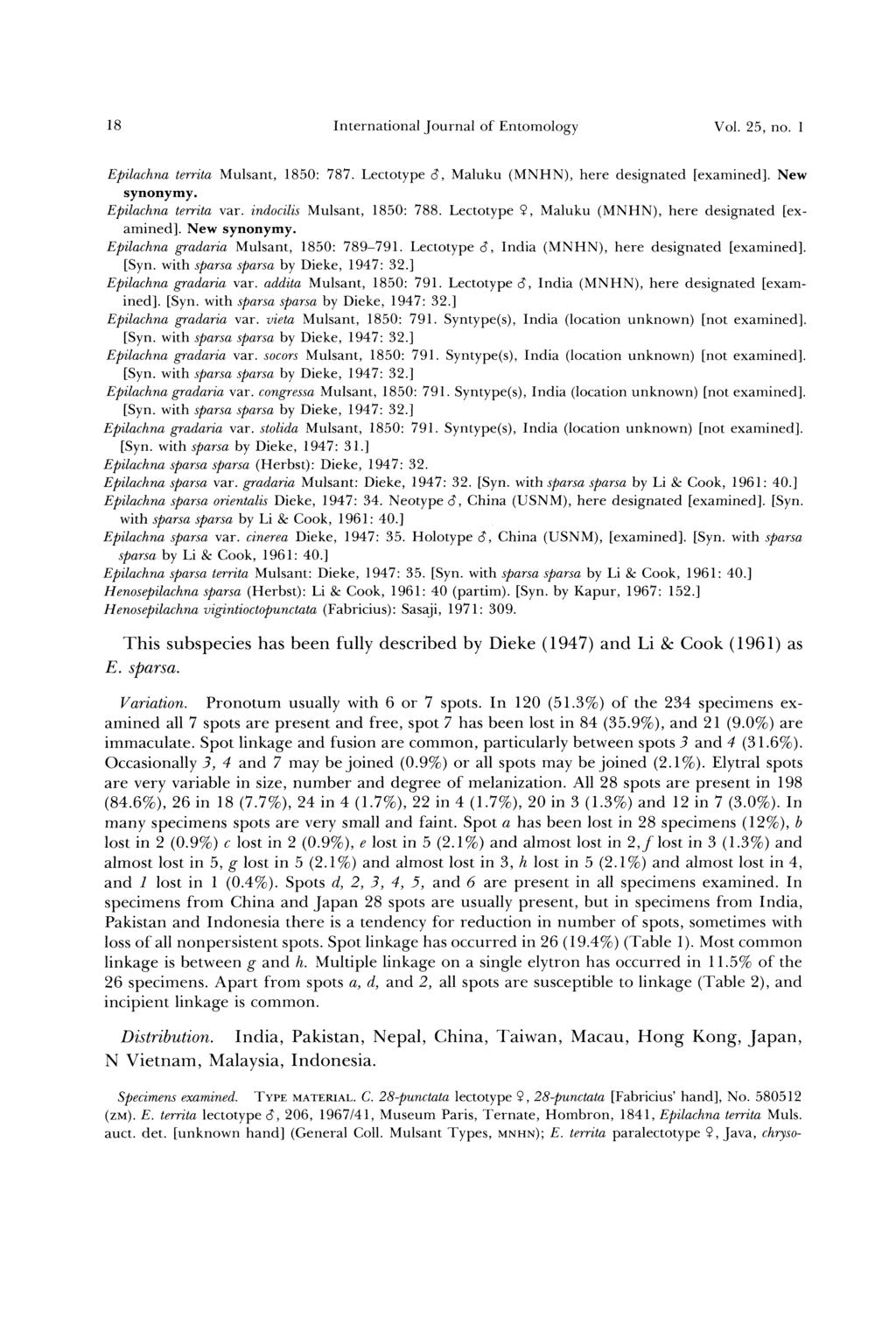 18 International Journal of Entomology Vol. 25, no. 1 Epilachna territa Mulsant, 1850: 787. Lectotype 6, Maluku (MNHN), here designated [examined]. New synonymy. Epilachna territa var.