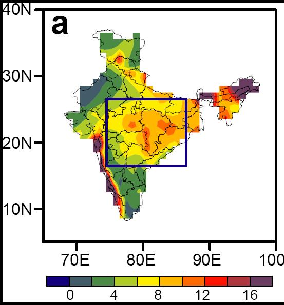 Spatial map of linear trend JJAS rainfall (1951 2007) APHRODITE 1951-2007