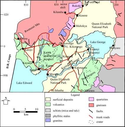 Katwe: Geology The Geology is dominated by explosion craters, ejected pyroclastics, tuffs with abundant granite and gneissic rocks from basement. Lava flows in L.