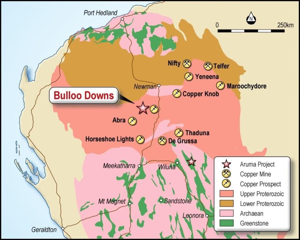 Location Figure 1 Bulloo Downs location in the Gascoyne-Pilbara Proterozoic Region with major copper occurrences Figure 1 shows the current and potential copper mines in the Proterozoic belt of the
