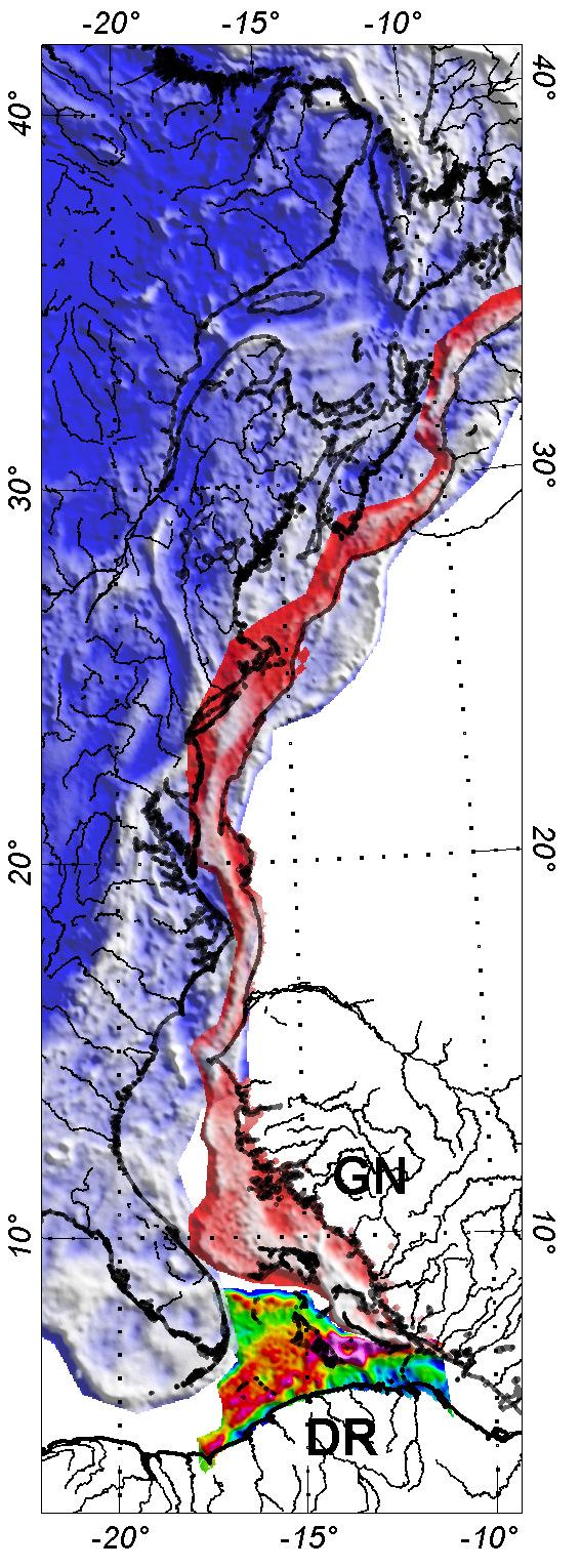 Figure 2. Final closure reconstruction (ca. 185 Ma) and gravity anomalies. North American gravity (blue) = Decade of North American Geology (DNAG) (Tanner et al. 1988).