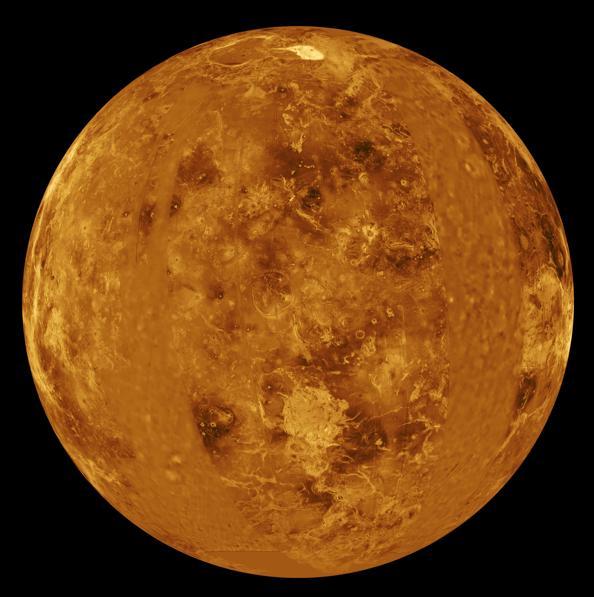 Sulfur deposits give yellow tone to planet Rotation (Day) 243 Earth days (spins