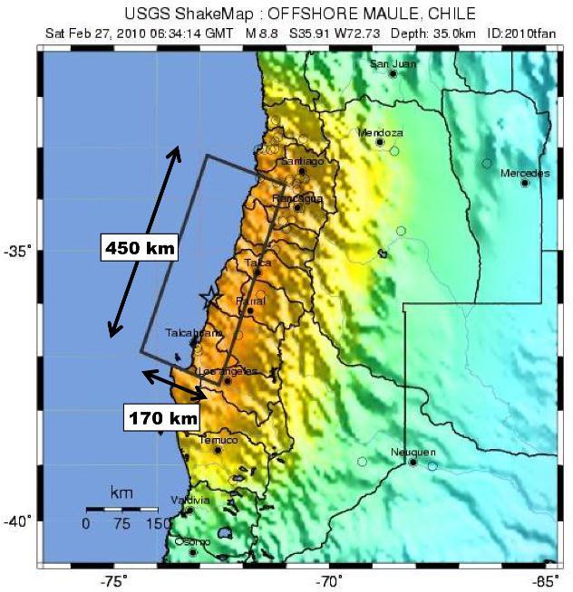 dimensions cover a rectangular area of approximately 450 km by 170 km. The earthquake together with the tsunami caused near 600 casualties and an estimated economic loss of 30 billion US dollars.