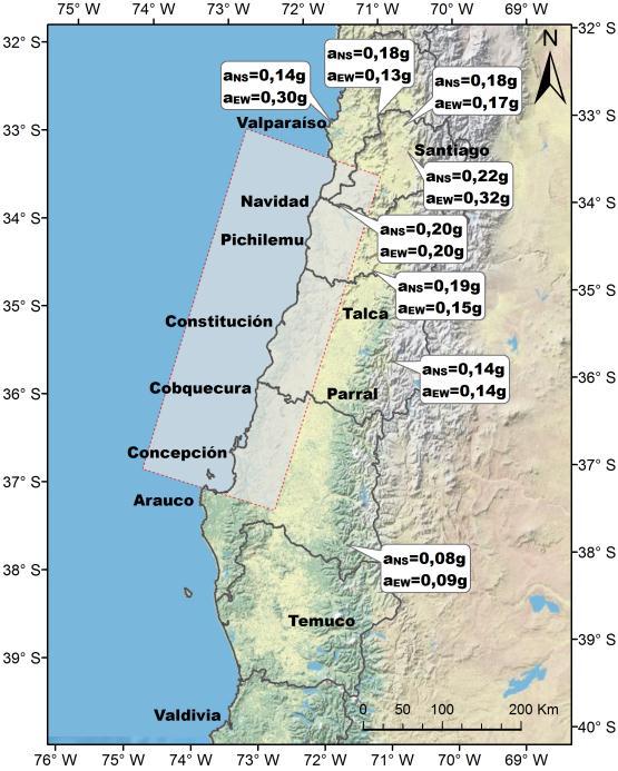 SHAKING DURATION AND LEVEL OF STRESSES In the case of Maule earthquake, the peak accelerations recorded on rock outcrop and soil deposits are presented in Figs. 2 and 3, respectively.