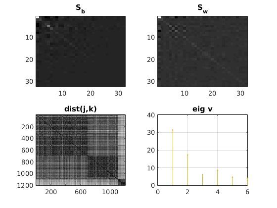 LDA Implementation q Find projection by generalized Eigen problem solution % generalized eigen problem [A, v]=eigs(sb, Sw); if dbg figure(31); subplot(2,2,1); imagesc(sb); colormap('gray');