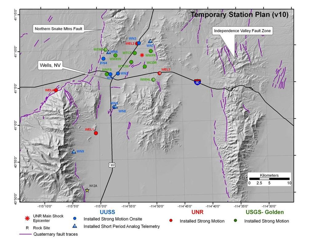 pattern to better analyze the source characteristics of normal faulting within the Basin and Range province as well as site response and wave-propagation effects in the Town Creek Flat basin (figure