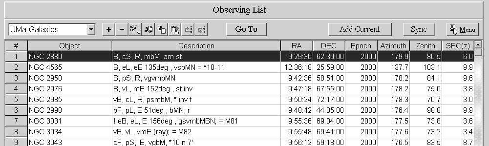 Observing List The Observing List, Figure 7, portion of the main window allows the user to generate a custom list of objects to be observed.